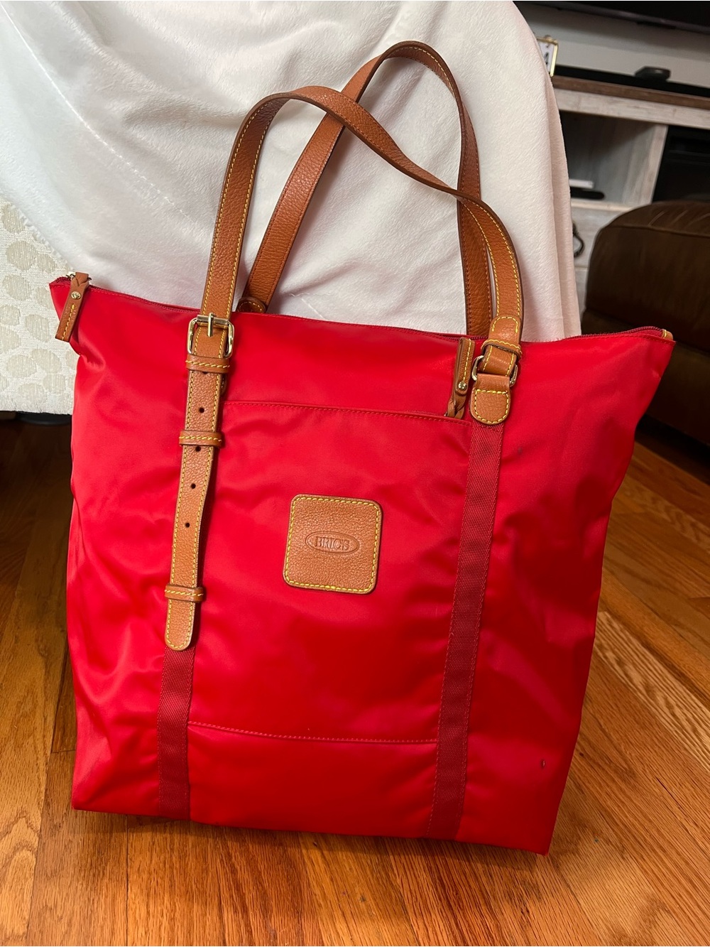 Bric's Red Nylon Tote with Brown Leather Trim